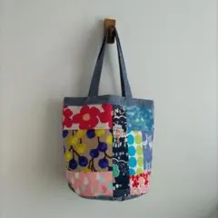 北欧風　ランダムパッチ　　縦長トートBAG　肩掛け　楕円底　♪　綿麻