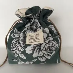ハンドメイド　巾着袋　ポーチ　緑地　花柄　織物　厚手　裏地あり