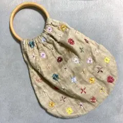 アフタヌーンティー 花 刺繍 麻素材 ハンドバッグ