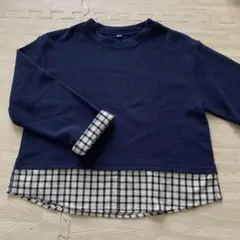 【美品】ネイビー チェック柄裾付き 長袖カットソー ワッフル素材　130