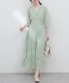 【未使用】natural couture レトロレースワンピース　グリーンのサムネイル