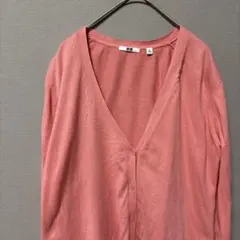 【訳あり】ユニクロ　コットンハイゲージニットカーディガン(XL)ピンクＶネック