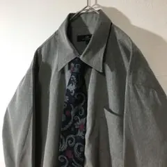 【個性派古着】長袖シャツ&ネクタイのセット売り　グレーシャツ　総柄ネクタイ　Ｌ
