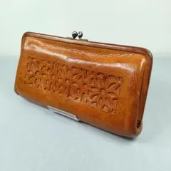 良品ゲン テン★カットワーク がま口ロングウォレット オイルドレザー 本革 茶