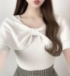 パールリボンニットトップス [dr672a] （タグ付き）