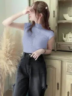 【即購入可】GRL ハイネックフレンチスリーブリブニットトップス