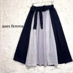 axes femme 花柄刺繍レース 切替フレアスカート リボン M ミモレ丈