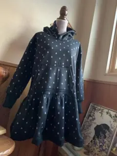 5Z08 チュニック丈　パーカー　黒×白ドット　フリース　Handmade