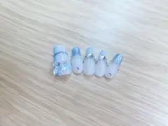 水色マグネットネイル10本セット　チェク　ストーン量産型　リボン　フレンチ　推し