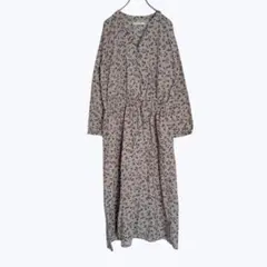 ショコラフィネローブ 花柄 ロングワンピース ウエストゴム 薄手 ベージュ