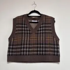 ブラウン チェック柄 ニットベスト Vネック