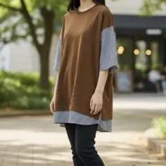 美品✨a.v.v 半袖Tシャツ L ブラウン・ストライプ カットソーレイヤード