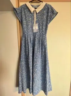 新品　オリーブデオリーブ　青 花柄 半袖 カットソーワンピース