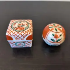 【茶道具】赤絵 香合 2点セット（四方入角・丸形） 蓋物 呉須赤絵