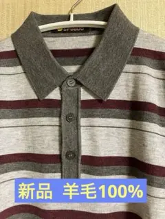 【新品】 メンズ 長袖 ポロシャツ 羊毛 L寸 トップス ボーダー 上品