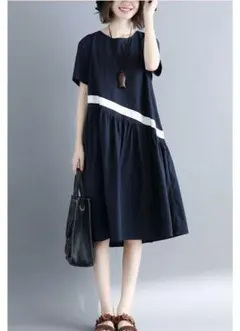 春夏 新品ゆったり花柄接ぎ半袖ワンピースレディース痩せ大きいサイズ綿麻3