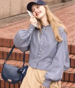 BONLECILL フリルネックボリュームスリーブバンドカラーシャツ