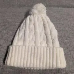 ホワイト ケーブル編み ベビー帽子 42-46cm