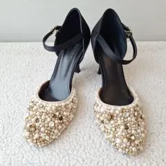 パール装飾オープントゥハイヒール
