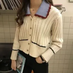 アイボリー リブ編み襟付きニットカーディガン