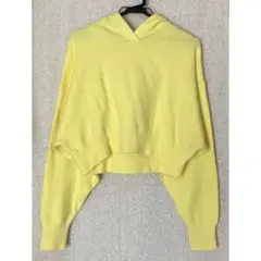 (美品) ZARAフード付き クロップド ニット パーカー 黄色 sizeM