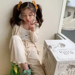 【新品未使用】リブデザインシンプルセットアップ ベージュ 90サイズ