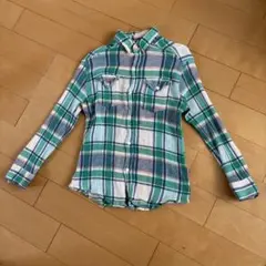 デニムダンガリー　グリーンチェック柄長袖シャツ