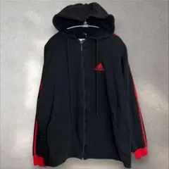 90s 古着 adidas 赤黒 スリーライン ジップアップパーカー L