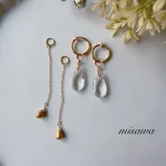 ピアス風・クリスタル×ゴールド雫 イヤリング