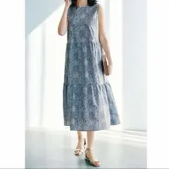 Lサイズ ウィリアム・モリス 総柄ティアードワンピース レトロブルー