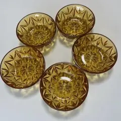 曽我ガラス　食器　5枚セット　デザート皿　琥珀色　カットガラス