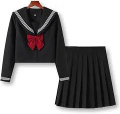 ◆53◆セーラー服上下セット ブラック 赤リボン ソックス付きｌサイズ