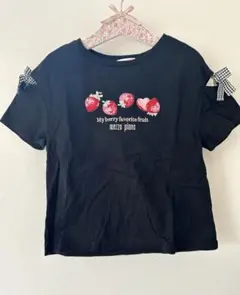 メゾピアノ　いちご　刺繍　チェックリボン　Tシャツ　130