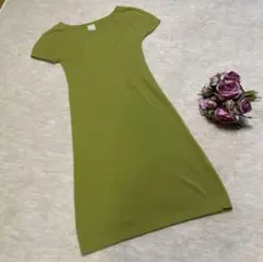 オリーブグリーン ニット 半袖 ロングワンピース