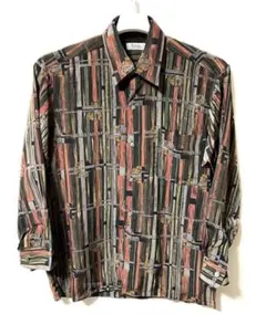 長袖シャツ ポリエステル M 総柄 幾何学 ストライプ レトロビンテージ シャツ