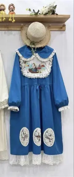 ナチュラルレディースワンピースチュニック素敵刺繍綿レースブルー