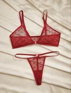 ハート柄シアーレース ランジェリーセット レッド ブラ＆ショーツ S