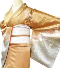 A87愛華 着物 訪問着　刺繍　金駒　菊　箔　正絹　美品　手縫い仕立て