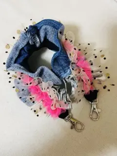 デニム×ドット×ピンク　ハンドストラップ　スマホストラップ