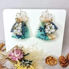 #14インド刺繍リボンピアス 花モチーフ エスニック ハンドメイド