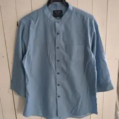 水色 バンドカラーシャツ 七分袖