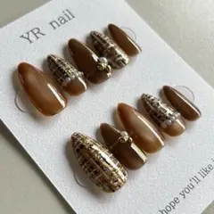 【No.81】ジェルネイルチップ　ツイードネイル　キャメルブラウン　ゴールド