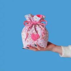 《ハンドメイド》フランス製生地のハートモチーフ巾着-ピンク-