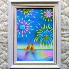 L判サイズフレーム付き原画 パステル画 ねこ イルカ 夏 - メルカリ