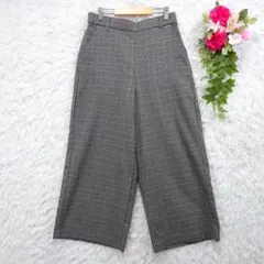 チェック ワイドパンツ　M　カジュアル　イージー　ゴム　レーヨン混　秋 冬