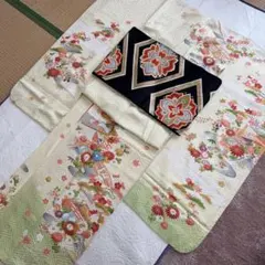 【刺繡・豪華】振袖＆袋帯セット 四季の花々 リメイク用・ハンドメイド素材に