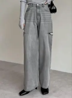 Re:EDIT サイドスリットワイドストレートコットンデニムパンツ