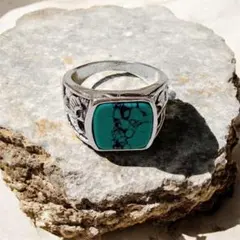 ターコイズ シルバーリング イーグル彫刻 ヴィンテージ メンズ 指輪 RING