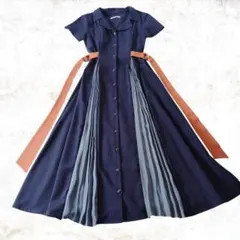 【美品】レディアゼル　配色　部分プリーツスカート　前開きフロントボタンワンピース