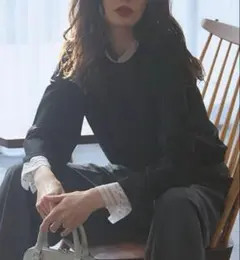 新品タグあり　【洗える】ヴィスコースストレッチ レースコンビ ニット　ブラック